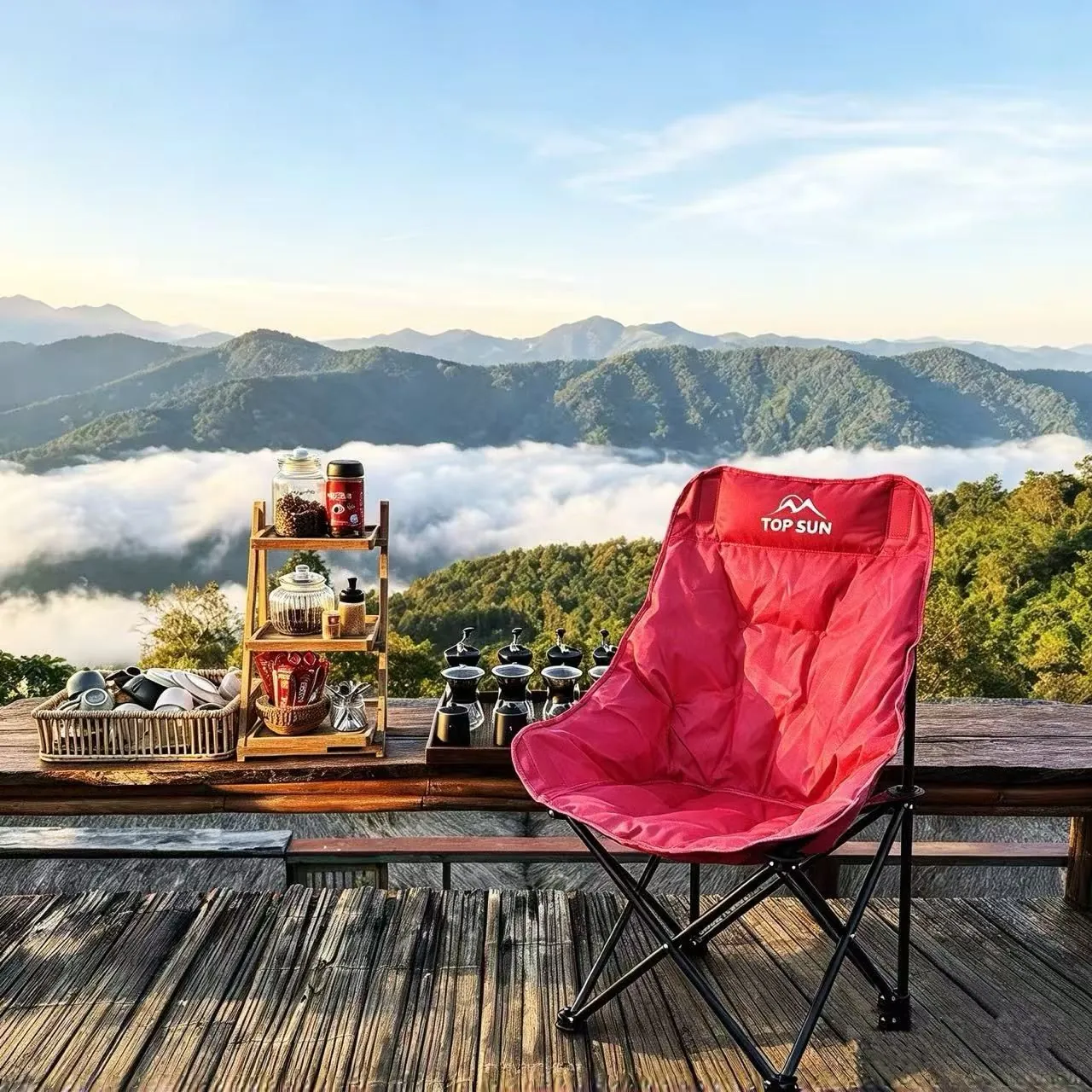 Pink chair on a mountain terrace