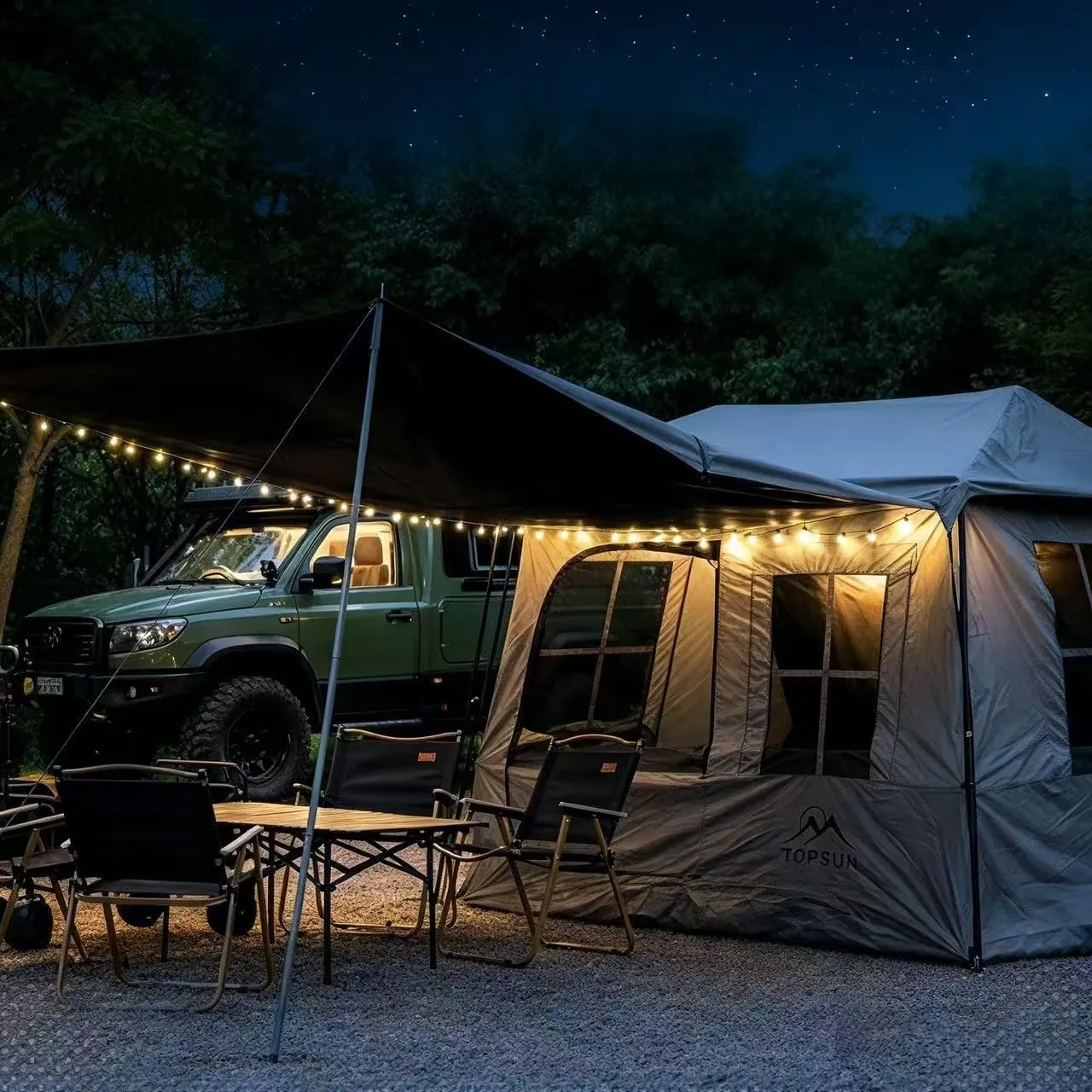 TOPSUN truck with side awning and tent at night