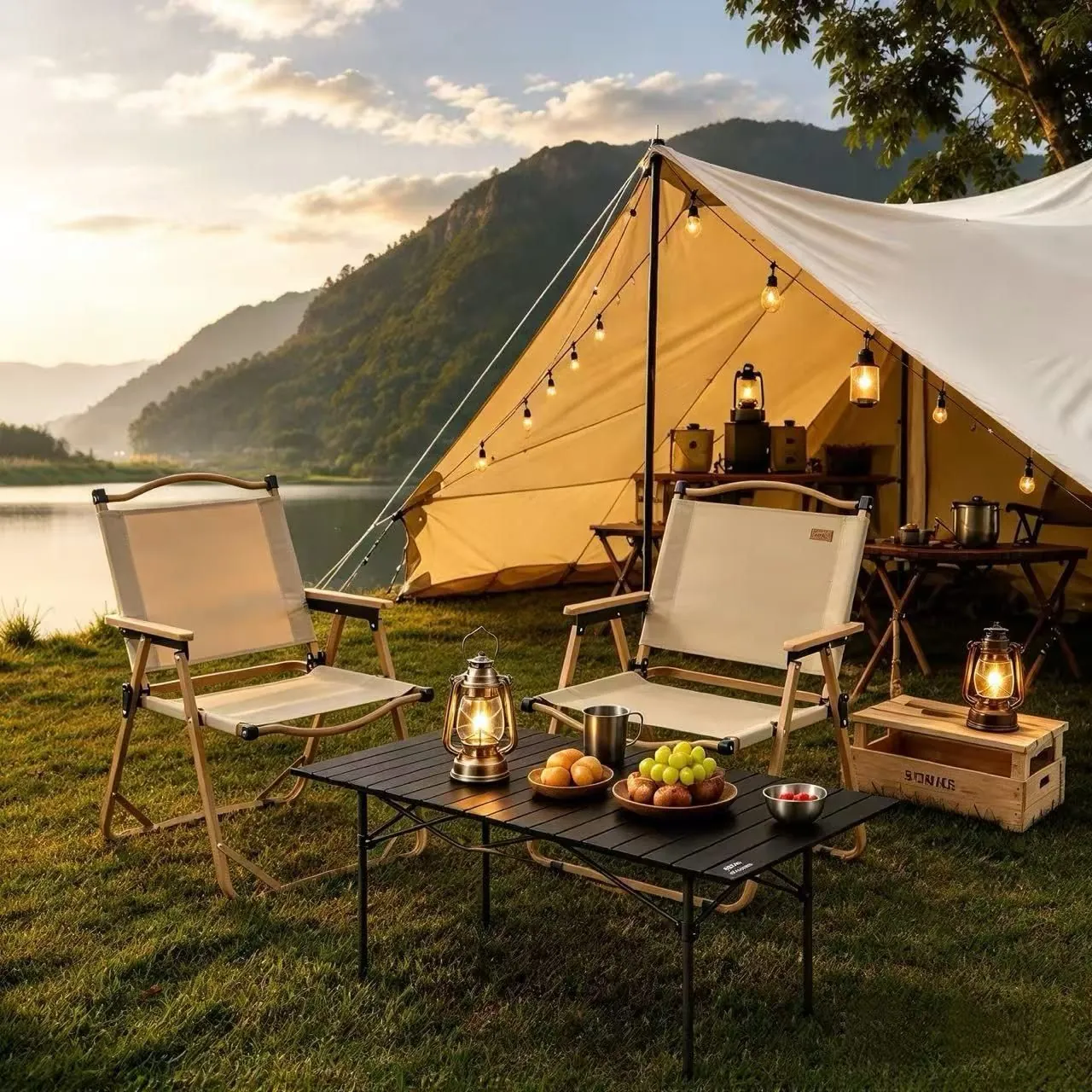 TOPSUN tent setup on green lawn at sunset